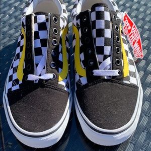 checkered vans with yellow stripe